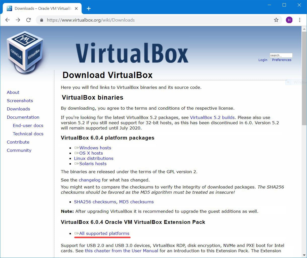 VirtualBox Dowload Page