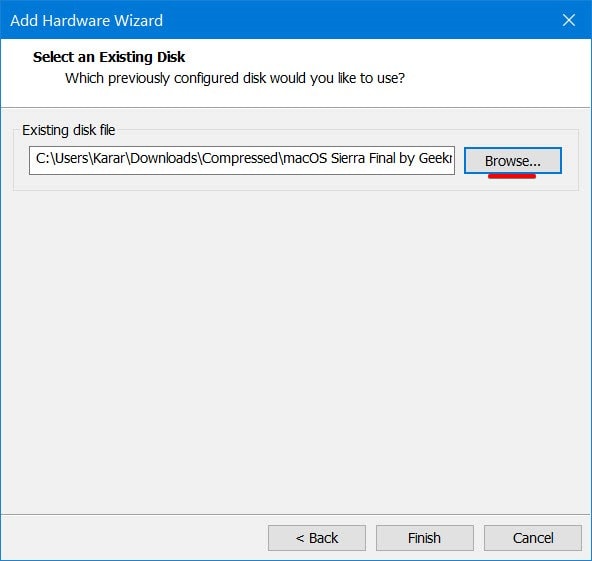 Select the Existing Disk File