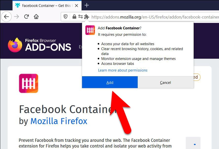 Add Facebook Container in FireFox
