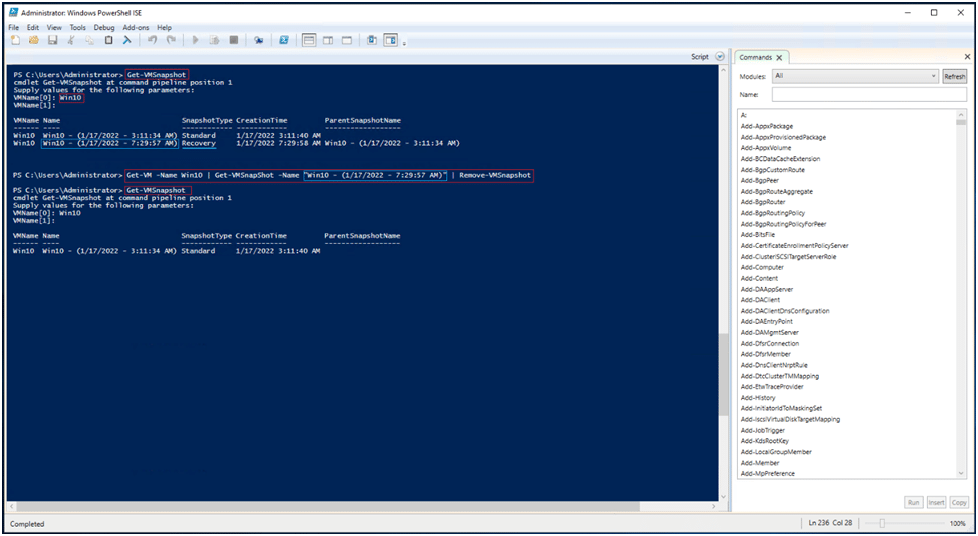 Deleting a recovery checkpoint from the Windows PowerShell ISE